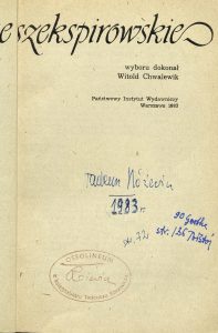 Witold Chwalewik, „Szkice szekspirowskie”, Państwowy Instytut Wydawniczy,  Warszawa 1983