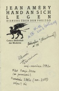 Jean Amery, „Hand an sich legen”, Klett-Cotta Verlag, Stuttgart 1991