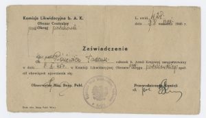 Zaświadczenie z Komisji Likwidacyjnej Armii Krajowej dotyczące spełnienia obowiązku ujawnienia się przez Tadeusza Różewicza, kpr. pchor. ps. „Satyr”