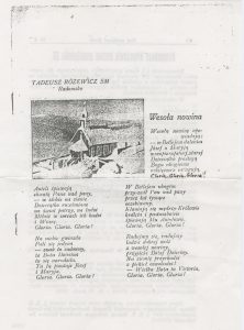 Kserokopia strony z czasopisma młodzieży Sodalicji Mariańskiej „Pod znakiem Marii” (grudzień 1938) z wierszem Tadeusza Różewicza