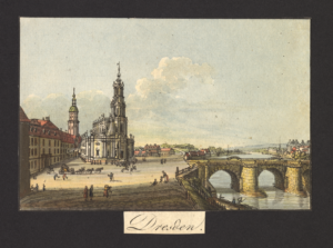 Autor nieznany, Katedra Świętej Trójcy w Dreźnie, 1. poł. XIX w. Litografia piórkiem, kolorowana